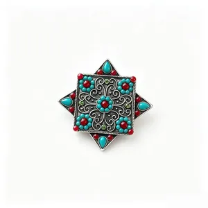 Broche rétro ethnique en forme d'étoile à huit branches avec turquoise simulée pour manteau