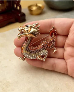 Chinese zodiac dragon brooch vintage metal rhinestone crystal suit jacket accessory gift item