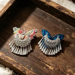Ethnic Style Embroidered Butterfly Tassel Hair Clip New Chinese Hmong Faux Silver Bell Duckbill Side Clip Hanfu Headpiece