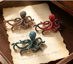Vintage rhinestone octopus brooch detail, pavé crystal marine animal pin for coat and suit.