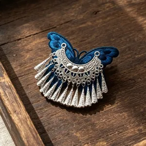Ethnic blue embroidered butterfly hair clip with silver dangling bells for Hanfu