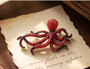 Close-up of vintage red rhinestone octopus brooch, sparkling crystals and metal tentacles.