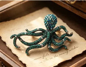 Vintage rhinestone octopus brooch, luxury marine animal pin, elegant suit coat accessory.