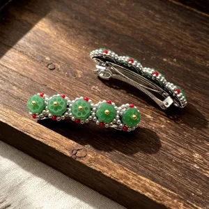 Molla per capelli stile cinese con loto in giada perla verde retro clip per donna
