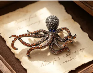 Retro rhinestone octopus brooch pin for women, vintage crystal marine animal coat suit accessory.