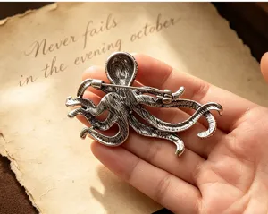 Detailed view of the retro silver octopus brooch back, featuring a secure pin clasp mechanism.