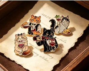 Detailed shot of cute vintage cat bartender enamel pins set, retro animal metal brooches for bags.