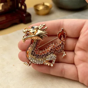 Vintage Chinese style zodiac dragon brooch metal rhinestone suit jacket accessory gift.