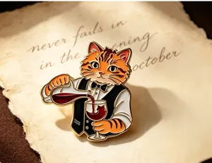 Vintage cat bartender enamel pin cute animal brooch badge for jacket bags backpack accessories