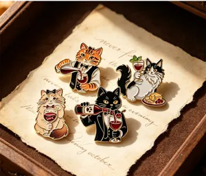 Cartoon vintage cat bartender metal brooch cute enamel pin clothing bag accessory