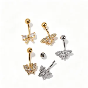 Detailed closeup of sparkling zircon butterfly belly button rings, body piercing jewelry.
