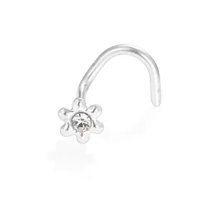 Stainless steel flower nose stud with clear cubic zirconia, S-shaped body piercing detail.