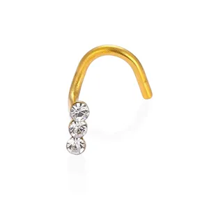 Detailed view of gold tone S-bend nose stud featuring three sparkling cubic zirconia stones.