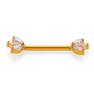 Gold stainless steel nipple ring with sparkling marquise cubic zirconia crystal cluster details.