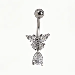 Detailed view of fashion butterfly cubic zirconia navel piercing ring with stainless steel bar.
