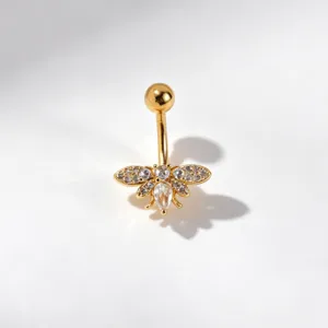 Gold tone stainless steel navel piercing ring featuring a sparkly cubic zirconia bee charm.