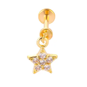 Goldener Edelstahl Stern Zirkonia Labret Stecker und Knorpel Piercing Körperschmuck