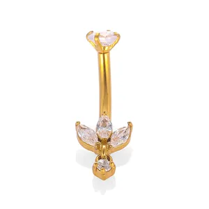 Anello per ombelico curvo dorato con ciondolo a foglia in zircone trasparente gioiello piercing.
