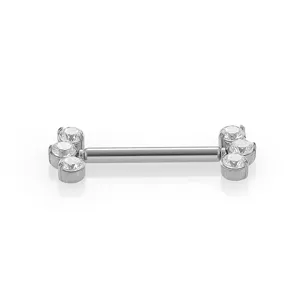 Stainless steel body piercing barbell detail, clear zircon crown ends, fine craftsmanship.