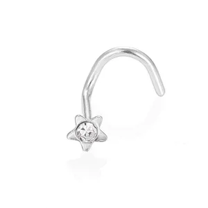 Stainless steel star nose stud with clear cubic zirconia. Detailed view of body piercing jewellery.
