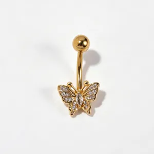 Gold butterfly belly button ring with cubic zirconia stones, elegant body piercing jewelry.