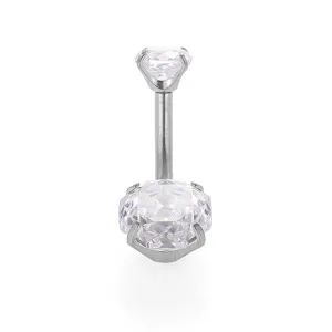 Piercing per ombelico in acciaio inossidabile con doppia pietra zircone trasparente.