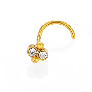 Gold 316L stainless steel nose stud with sparkling cubic zirconia crystals for body piercing.