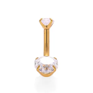 Piercing per ombelico dorato in acciaio inossidabile 316L con zirconi cubici trasparenti.