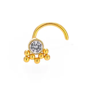 Gold 316L stainless steel nose stud featuring clear zircon and delicate bead charms.