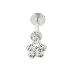 Edelstahl Labret Piercing Stecker mit filigranem Schmetterlingsanhänger und Zirkonias.
