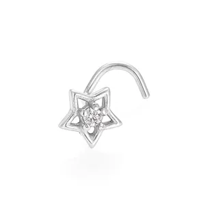 Detailed view of silver star nose stud, 316L stainless steel body piercing jewelry.