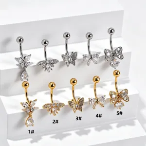 Butterfly Bowknot Zirconia Belly Button Ring 316L Stainless Steel Bar Copper Inlaid Zircon Navel Piercing Body Jewelry