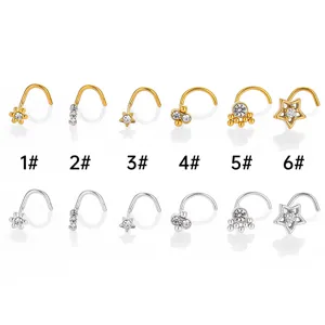 Stainless Steel Rhinestone Nose Stud S-Shaped Curved Bar Nose Ring Flower Star Body Piercing Stud Earring Fashion Body Jewelry
