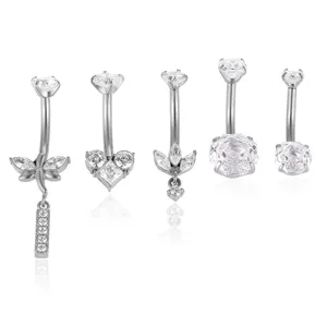 Set di piercing per ombelico in acciaio inox con zirconi trasparenti per gioielli corporei.