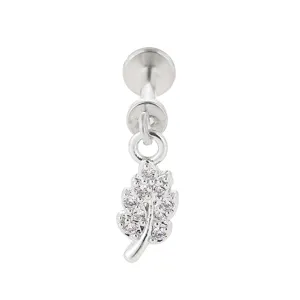 Close-up detail shot of the dainty micro-paved zirconia leaf pendant titanium steel labret stud.