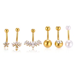 Set of 6 stainless steel curved navel rings with sparkling zircons and pearls for body piercing.