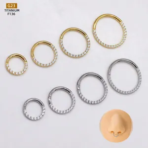 G23 titanium hinged segment ring set with cubic zirconia stones for nose piercing and cartilage earrings.