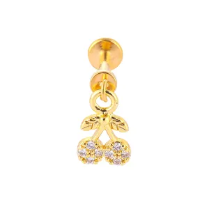 Gold titanium steel cherry labret stud piercing with cubic zirconia, ideal for body jewelry.