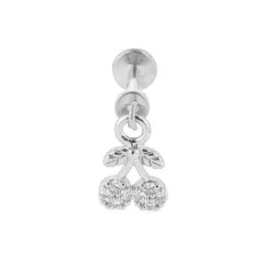 Detailed view of exquisite micro-paved cubic zirconia cherry labret ear piercing stud.
