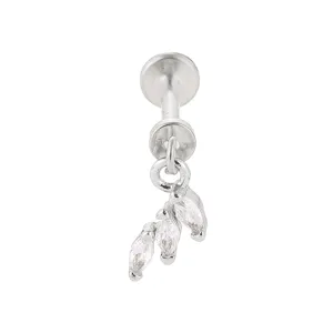 Detailed view of the steel body piercing jewelry featuring dangling marquise zirconia leaf charms.