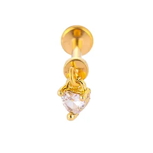 Gold-tone titanium steel labret stud with dangling heart cubic zirconia crystal detail.