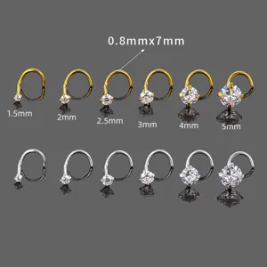 Stainless steel claw-set round cubic zirconia nose stud body piercing jewelry details.
