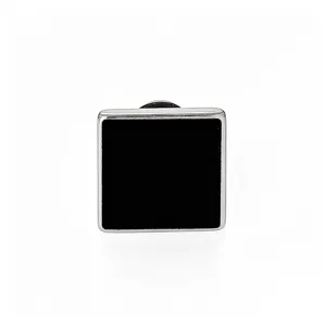 Detailed close-up view of a minimalist square black enamel stainless steel stud earring.