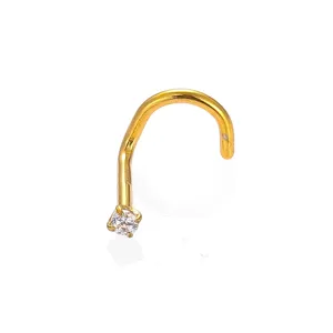 Stainless steel nose stud detail showcasing a prong-set clear round cubic zirconia and bent bar.