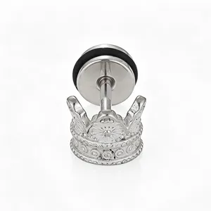 Stainless steel crown piercing ear stud detail shot, retro gothic cartilage earring jewelry.