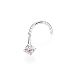 Stainless steel curved nose stud featuring a prong-set pink cubic zirconia gemstone detail.