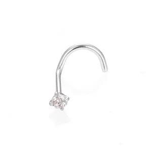 Close-up detail of the stainless steel prong-set pink cubic zirconia nose piercing stud.