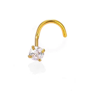 Gold stainless steel nose stud with clear prong-set round crystal cz body piercing jewelry