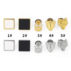 316L stainless steel punk vintage stud earrings set, square crown leopard wolf design.
