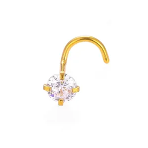 Detail view of 316L stainless steel nose stud with prong-set round zircon and curved bar.